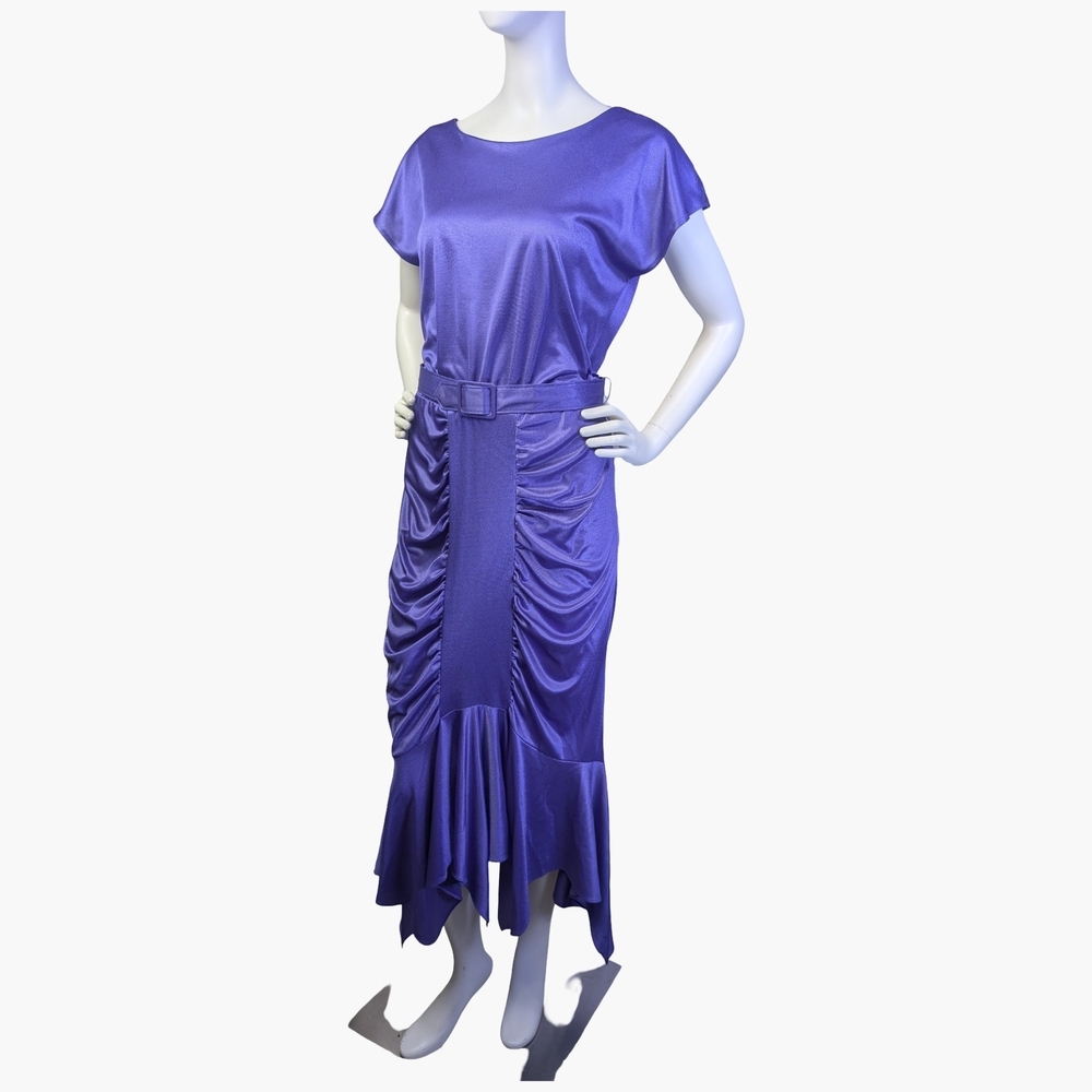 Vintage 1980s Purple Ruched Belted Midi Dress | Made in Canada | Size Medium - Picture 5 of 8
